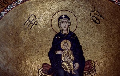Mozaïek van de Maagd Maria van binnen Hosios Loukas Klooster, Griekenland, gesticht in het begin van de 10e eeuw door Unbekannt Unbekannt