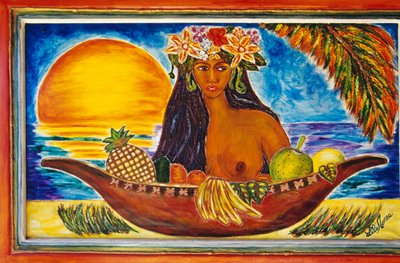 Geschilderd glas met Polynesische vrouw, eiland Moorea, Genootschapseilanden, Frans-Polynesië (overzees gebiedsdeel van de Franse Republiek), detail door Unbekannt Unbekannt