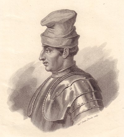Portret van Italiaanse militaire leider Niccolo Fortebraccio ook bekend als della Stella, kopergravure door Caterina Piotti-Pirola door Unbekannt Unbekannt