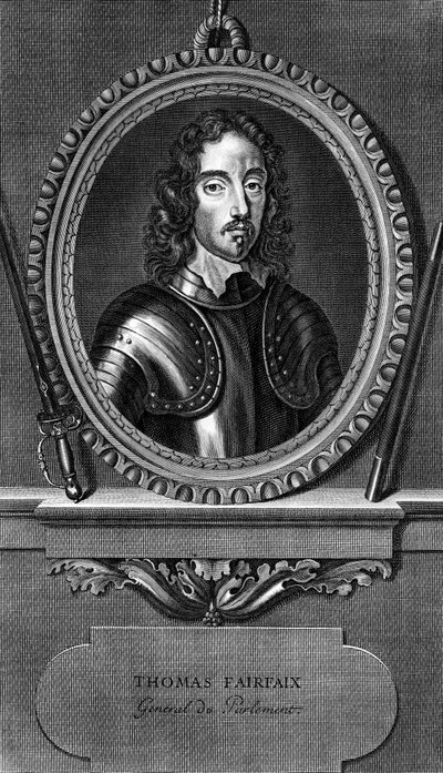 Portret van Thomas Fairfax, 3e Lord Fairfax van Cameron (1612-1671), Engelse generaal en parlementaire opperbevelhebber tijdens de Engelse Burgeroorlog, gravure door Unbekannt Unbekannt