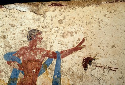 Processie met atleet, detail, fresco uit het Graf van de Duiker, Paestum, Campania, Italië, Oud-Griekse beschaving, Magna Graecia, 3e eeuw v.Chr. (foto) door Unbekannt Unbekannt