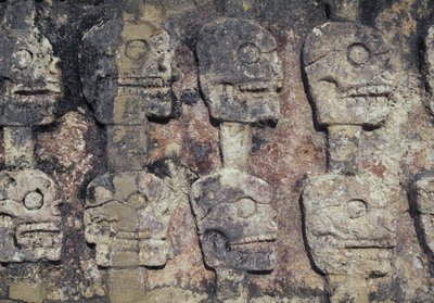 Reliëf met menselijke schedels, detail van de Tzompantli, of Muur van Schedels, archeologische site van Chichen Itza (UNESCO Werelderfgoed) door Unbekannt Unbekannt