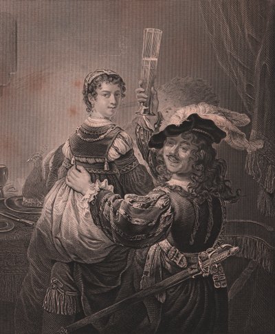 Rembrandt met zijn vrouw Saskia, gravure H Payne naar schilderij van Rembrandt, uit Payne
