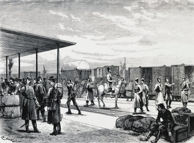 Russisch militair konvooi in station Bustiu, op de spoorlijn Boekarest-Galati, Russisch-Turkse oorlog, gravure, Roemenië door Unbekannt Unbekannt