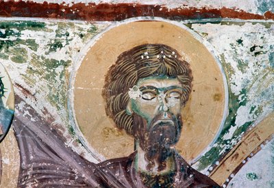 Heilige, detail van fresco in de kerk van Agios Georgios, Mourne, Kreta, Griekenland door Unbekannt Unbekannt