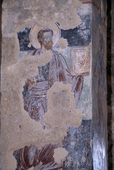 Heilige, fresco in kerk van Agios Nikolaos, Byzantijnse stad Mystras door Unbekannt Unbekannt