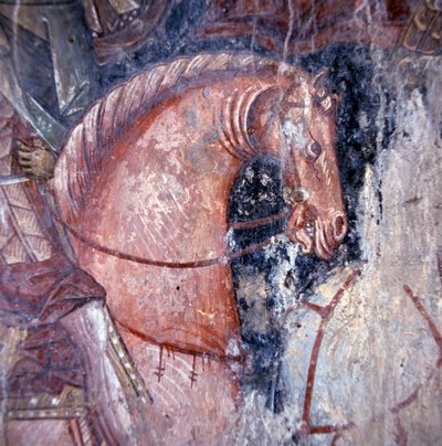 Heilige te paard, fresco in kerk in Palaia Roumata, Kreta, Griekenland (detail) door Unbekannt Unbekannt