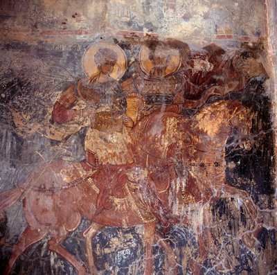 Heiligen te paard, fresco in kerk, Komitates, Kreta, Griekenland door Unbekannt Unbekannt
