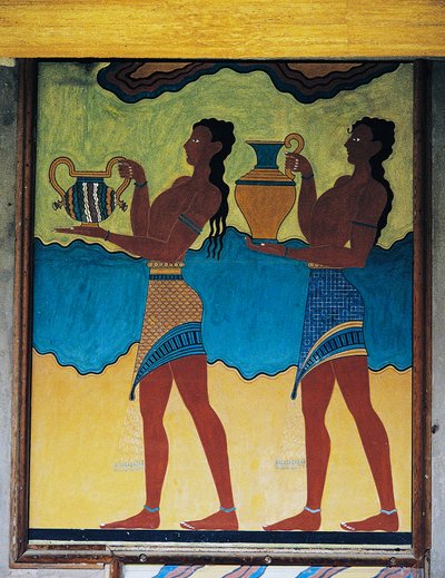 Dienaren dragen vazen, fresco in Paleis van Knossos, Kreta, Griekenland, Minoïsche beschaving door Unbekannt Unbekannt