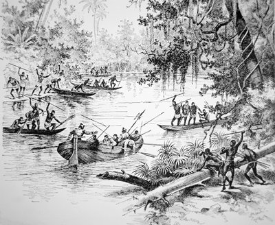 Spaanse conquistadores aangevallen door inboorlingen in Zuid-Amerika door Unbekannt Unbekannt