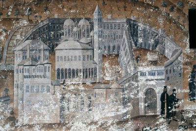 Uitzicht op klooster, fresco in het Ikosifinissis klooster, nabij Serres, Griekenland door Unbekannt Unbekannt