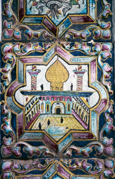 Uitzicht op moskee, polychrome tegeldecoraties in Tekyeh Mo
