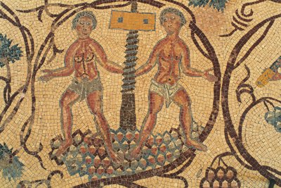 Wijnpers, detail van vloermozaïek met scènes uit het dagelijks leven, Kerk van de Heiligen Lot en Procopius, Nebo, Khirbet al-Mukhayyat, Jordanië, Byzantijnse beschaving, 6e eeuw na Christus door Unbekannt Unbekannt