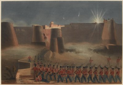 De Bestorming van Ghuznee. De Bestormingskolom betreedt het Fort, 23 juli 1839 door Lieutenant Thomas (after) Wingate