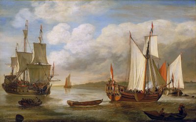 Verscheidenheid aan Nederlandse boten: zeilboten, schepen en schuiten. Olie op doek door Lieve Pietersz Verschuier (1630-1686). door Lieve Verschuier