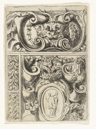 Cartouche met dierenkop en daaronder een cartouche met Madonna met kind door Lieven Mehus