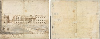 Achttien uitzichten van Rome: Het Collegio di Propaganda Fide (recto); Schetsen van ramen en pilasters van de zolderverdieping van het Collegio di Propaganda Fide (verso) door Lievin Cruyl