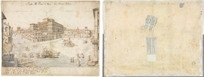 Achttien Zichten van Rome: De Piazza Barberini (recto); Tracering van een Fontein van Recto en Schetsen van Twee Gezichten (verso) door Lievin Cruyl