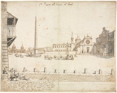 Achttien uitzichten van Rome: Het Piazza del Popolo (recto) door Lievin Cruyl