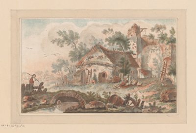 Huis voor een bouwvallig stadspoort, met op de voorgrond een man op een brug door Liger (attributed to)