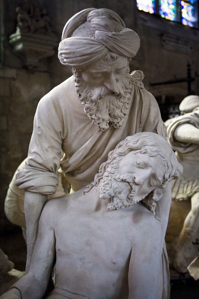 De graflegging en de flauwte van de Maagd, detail: Jozef van Arimathea tilt Jezus op door Ligier Richier