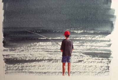Henry aan het vissen, Alpen, 1990 door Lincoln Seligman