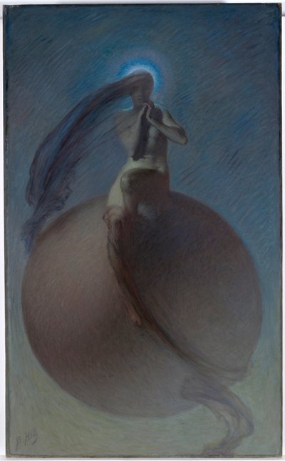 ""De zoektocht"" Dromerige voorstelling, vrouwelijke silhouet geplaatst op een wereldbol - Schilderij van Lindsay Bernard Hall (1859-1935) door Lindsay Bernard Hall