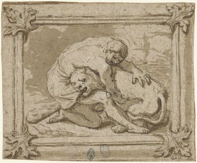 Hercules in gevecht met de Nemische leeuw door Lionello Spada