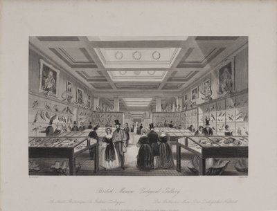 Zoologische Galerij, Brits Museum met bezoekers die naar tentoonstellingen kijken, c.1850 (gravure) door Llewellyn (after) Jewitt
