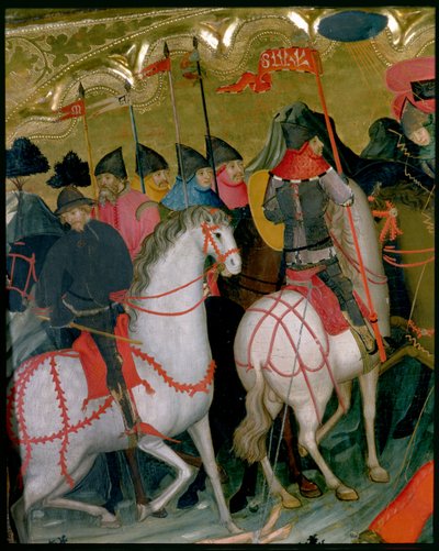 Bereden soldaten, detail van het altaarstuk van de Maagd en St. Joris, ca.1390-1400 door Lluís Borrassà