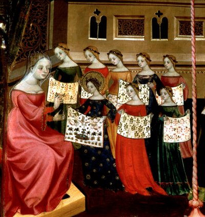 De Maagd Maria met haar klasgenoten die naaiwerkjes aan hun leraar tonen (detail) door Lluís Borrassà