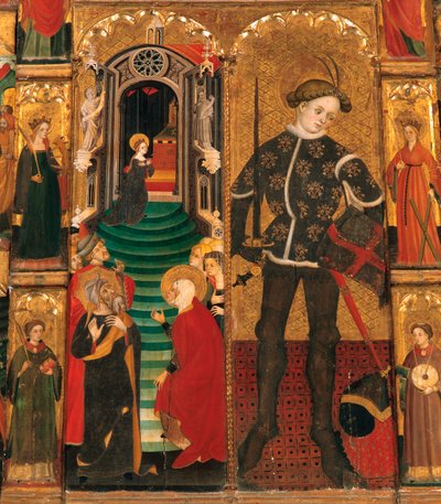 Gotische periode. Altaarstuk van De Maagd en Sint Joris (Sant Jordi), door Lluis Borrassa (1360-1426). Houtschildering. Gemaakt in Barcelona rond 1390-1400. Detail, Presentatie van Marie in De Tempel en Sint Joris (Sant Jordi / San Jorge) als ridder. Conve door Lluís Borrassà