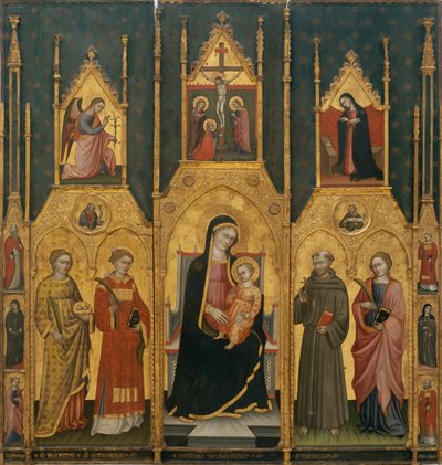 Altaarstuk van de Maagd met de heiligen Agatha, Stefanus, Franciscus en een heilige martelaar door Lo Spagna