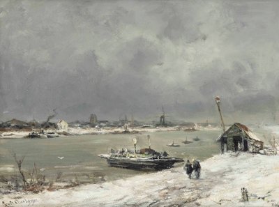 Een veerbootovertocht bij Wijk bij Duurstede in de winter door Lodewijk Frederik Hendrik Apol