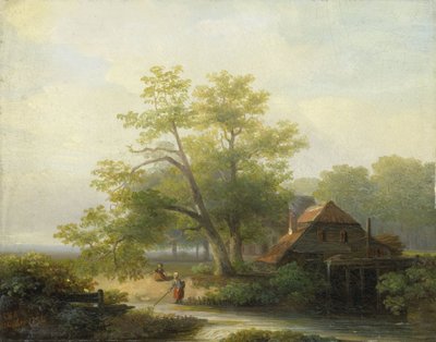 Een watermolen in een bosrijk landschap door Lodewijk Hendrik Arends