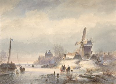 Winterlandschap met bevroren rivier, 19e eeuw door Lodewijk Johannes Kleijn