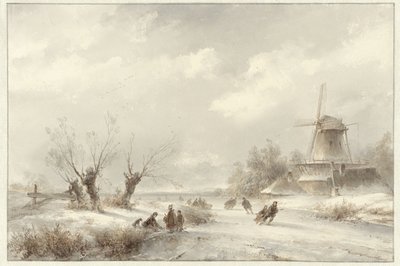 Winterlandschap met schaatsenrijders bij een molen door Lodewijk Johannes Kleijn