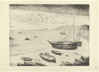 Acht afgemeerde schepen op een strand door Lodewijk Schelfhout (signed by artist)