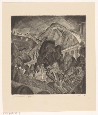 Berglandschap met aquaduct door Lodewijk Schelfhout (signed by artist)
