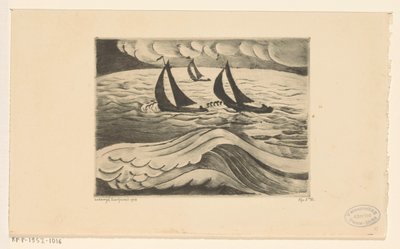 Drie zeilschepen bij storm op zee door Lodewijk Schelfhout (signed by artist)