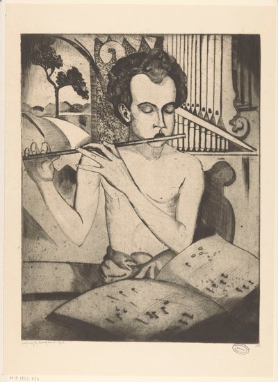 Halfnaakte jongen die een fluit bespeelt door Lodewijk Schelfhout (signed by artist)