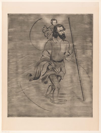 Heilige Christoffel met het Christuskind door Lodewijk Schelfhout (signed by artist)