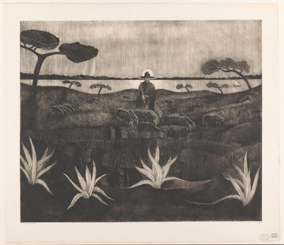 Herder met een kudde schapen in een heuvellandschap door Lodewijk Schelfhout (signed by artist)