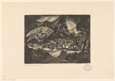 Heuvellandschap met bomen en bebouwing door Lodewijk Schelfhout (signed by artist)