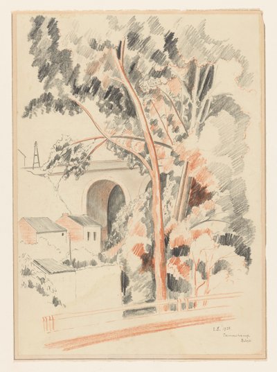 Huizen en bomen onder een viaduct te Remouchamps door Lodewijk Schelfhout (signed by artist)