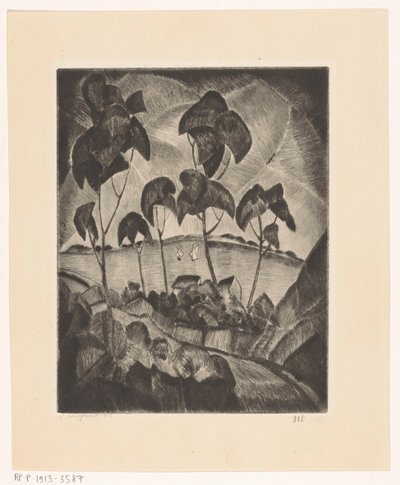 Meer in een heuvellandschap door Lodewijk Schelfhout (signed by artist)