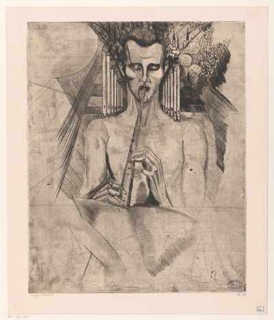 Naakte man die een fluit bespeelt door Lodewijk Schelfhout (signed by artist)