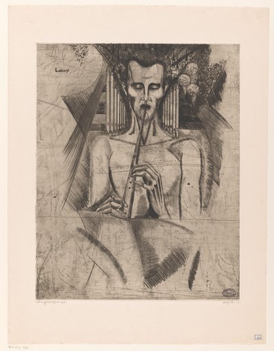 Naakte man die een fluit bespeelt door Lodewijk Schelfhout (signed by artist)