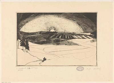 Opgaande of ondergaande zon boven een heuvellandschap door Lodewijk Schelfhout (signed by artist)
