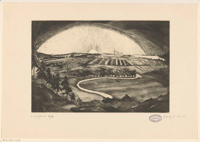 Opgaande of ondergaande zon boven een heuvellandschap door Lodewijk Schelfhout (signed by artist)